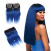 Часть закрытия Омбре Бразильские волосы 1B Синий двухтоновый цвет прямые натуральные волосы с кружевным закрытием