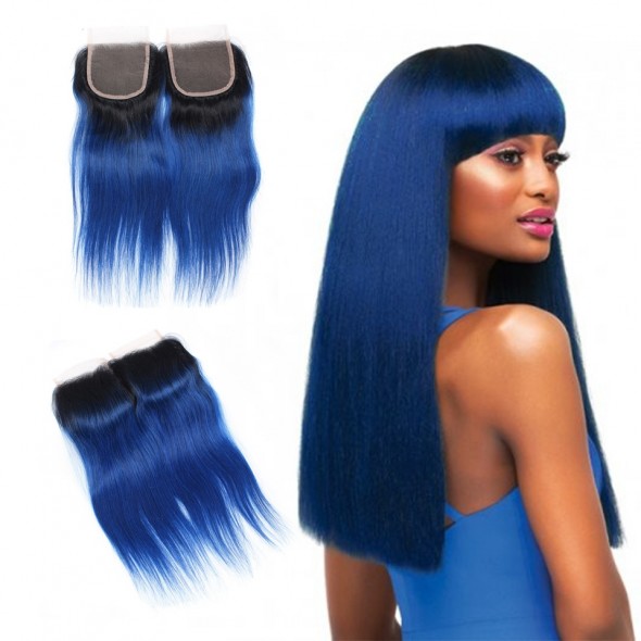 Closure Piece Ombre Brazilian Hair 1B Blue two Tone Colored Straight Human Hair Lace Closure Products for sale at humanbraidinghair.com