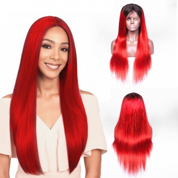 Front Lace Wigs 1B Red Colored Ombre Straight Human Remy Hair 8A grade Brazilian Hair Wig for sale at humanbraidinghair.com