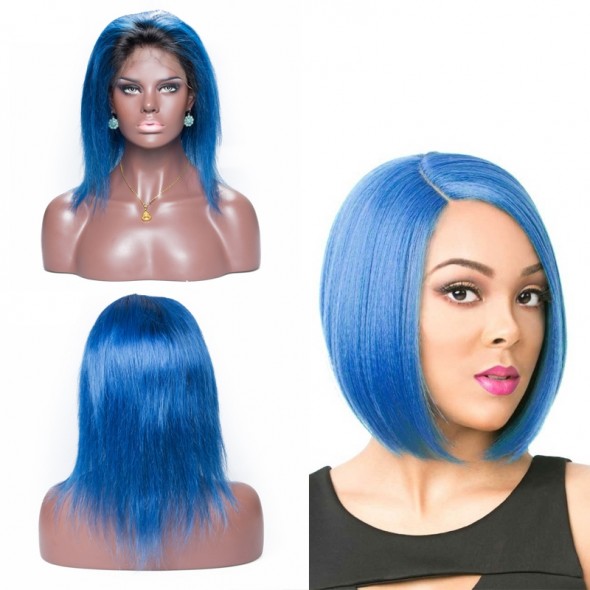 Bob Wigs 1B Blue Colored Ombre Straight Human Remy Hair 8A grade Brazilian Hair Wig for sale at humanbraidinghair.com