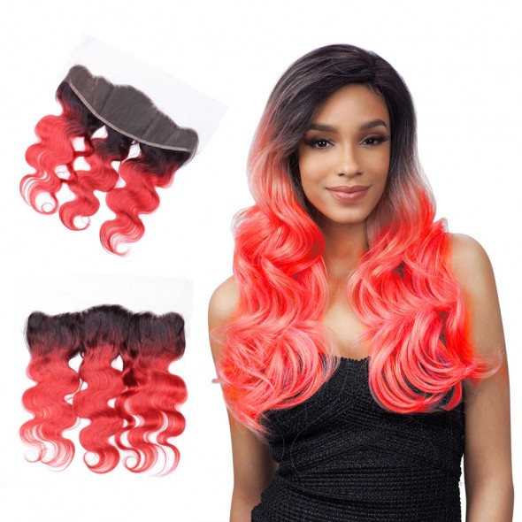 Weave Closure Ombre Brazilian Hair 1B Red two Tone Colored body wave Human Hair Lace Closure Products for sale at humanbraidinghair.com