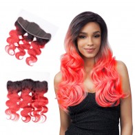 Weave Closure Ombre Brazilian Hair 1B Red two Tone Colored body wave Human Hair Lace Closure Products