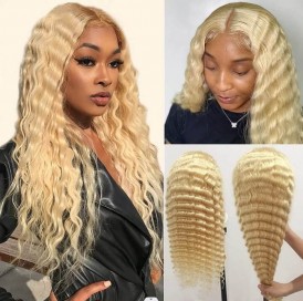 Transparent Lace Wig Best Selling 4X4 Deep Wave Lace Closure Wig 613 Blonde Color 100% Human Virgin Hair Wigs