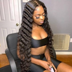 Hd Lace Closure Wigs Deep Wave Thick Human Hair 180% Density Preplucked Hairline Bleached Knots Online For Sale