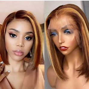 Hightlight Bob Full Lace Frontal P4/27  Short Wig 13X4 150% Density Silky Soft Thick Human Hair For Black Women