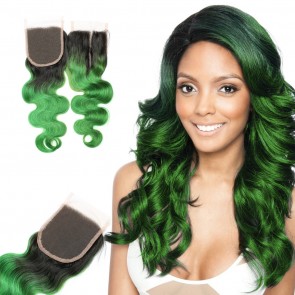 Silk Base Closure Ombre Brazilian Hair 1B Green two Tone Colored body wave Human Hair Lace Closure Products for sale at humanbraidinghair.com